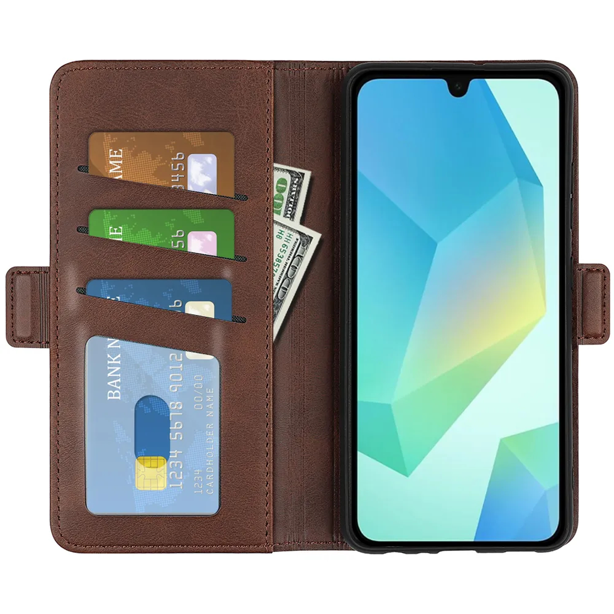 Een bruine telefoonhoes met een smartphone, kaarten en contant geld. Het scherm toont een kleurrijk abstract ontwerp.
