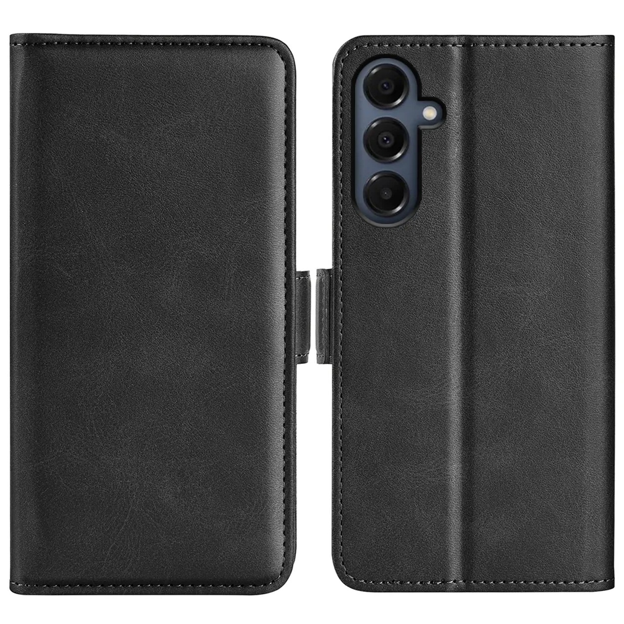 Zwarte leren telefoonhoes open, met de camera zichtbaar. De hoes heeft een magnetische sluiting. De telefoon zit in de hoes.