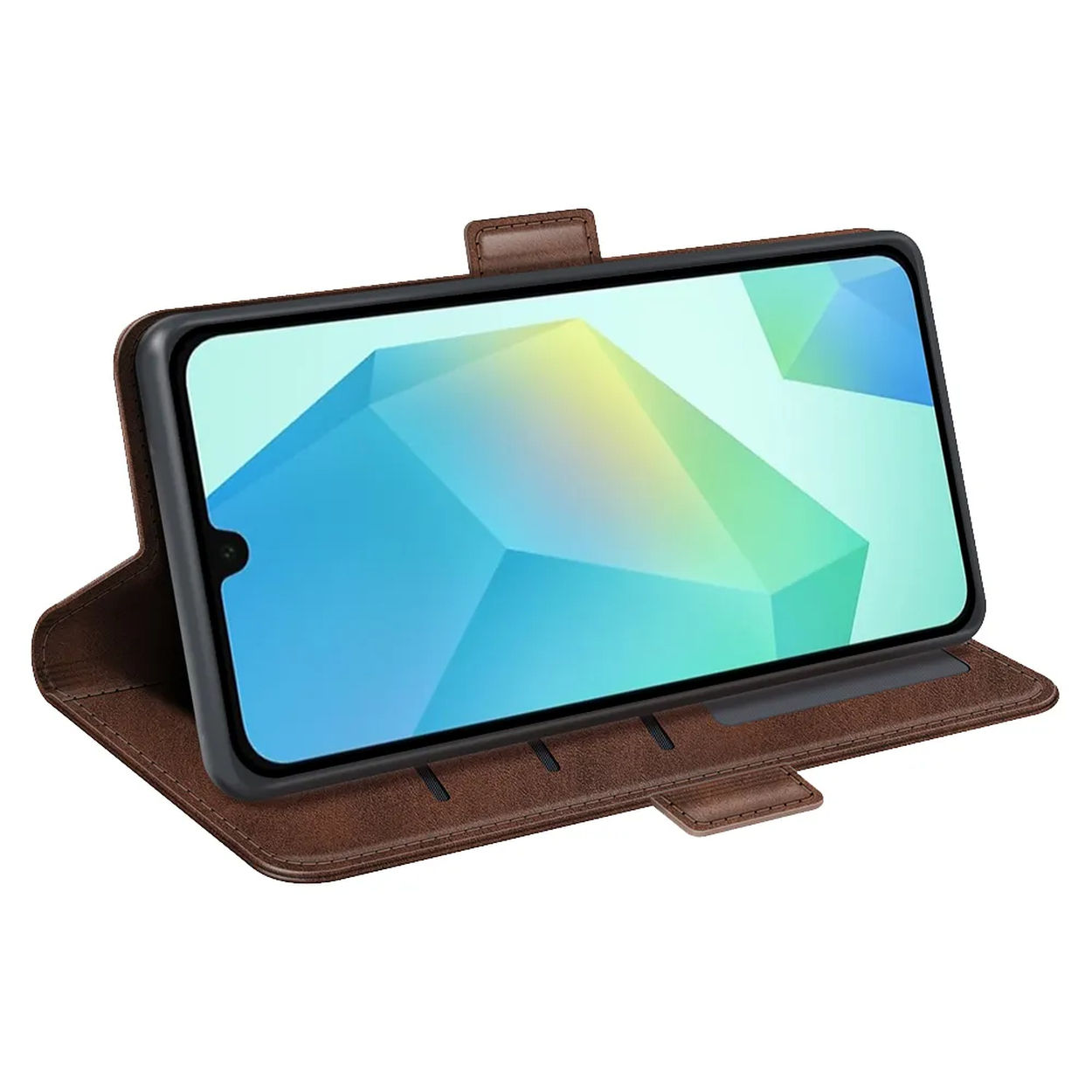 Een smartphone in een bruine leren hoes is open. Het scherm toont een blauw, groen en wit geometrisch patroon.