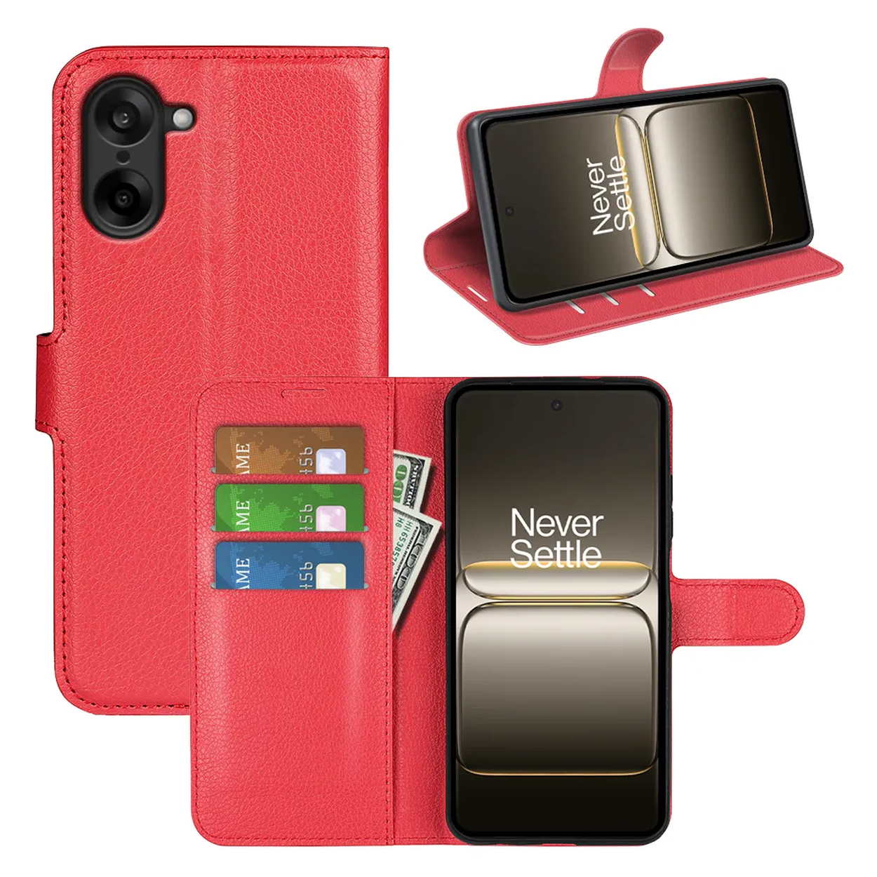 Rode telefoonhoes met smartphone, creditcards en contant geld. Toont het 'Never Settle' logo. De hoes is open en dicht.