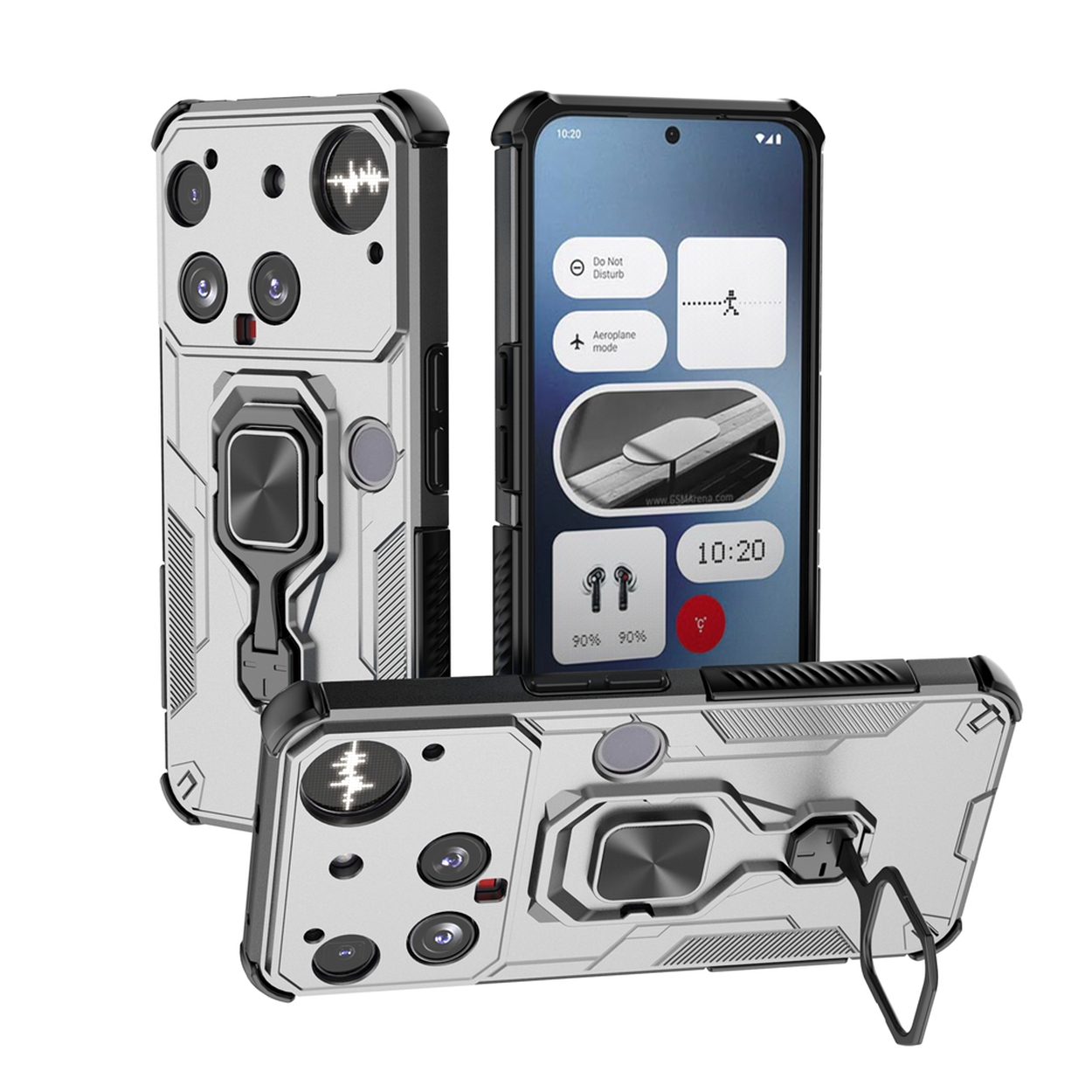 Trois coques de téléphone argentées avec des accents noirs. Un téléphone affiche un écran avec des paramètres. Les coques ont des supports d'anneau et des découpes pour l'appareil photo.