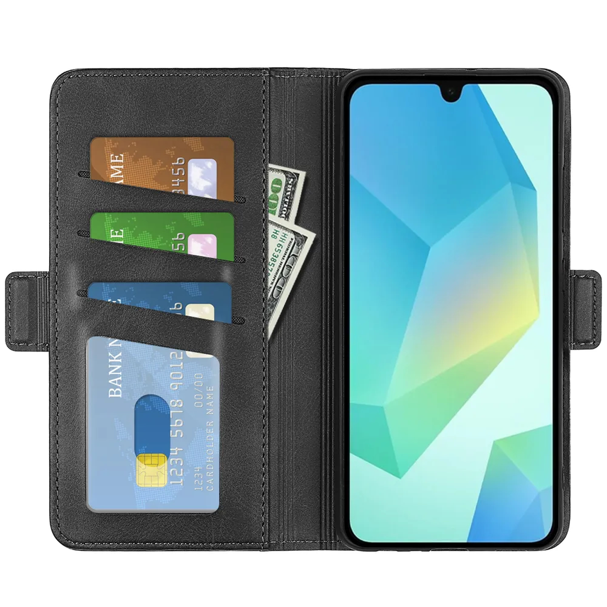 Een open zwarte telefoonhoes, met een telefoon en kaartsleuven. Er zijn creditcards, een biljet en de telefoon met een blauw scherm.