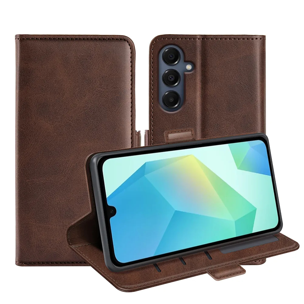 Bruine leren telefoonhoes met telefoon erin. De telefoon toont een kleurrijk geometrisch ontwerp op het scherm.