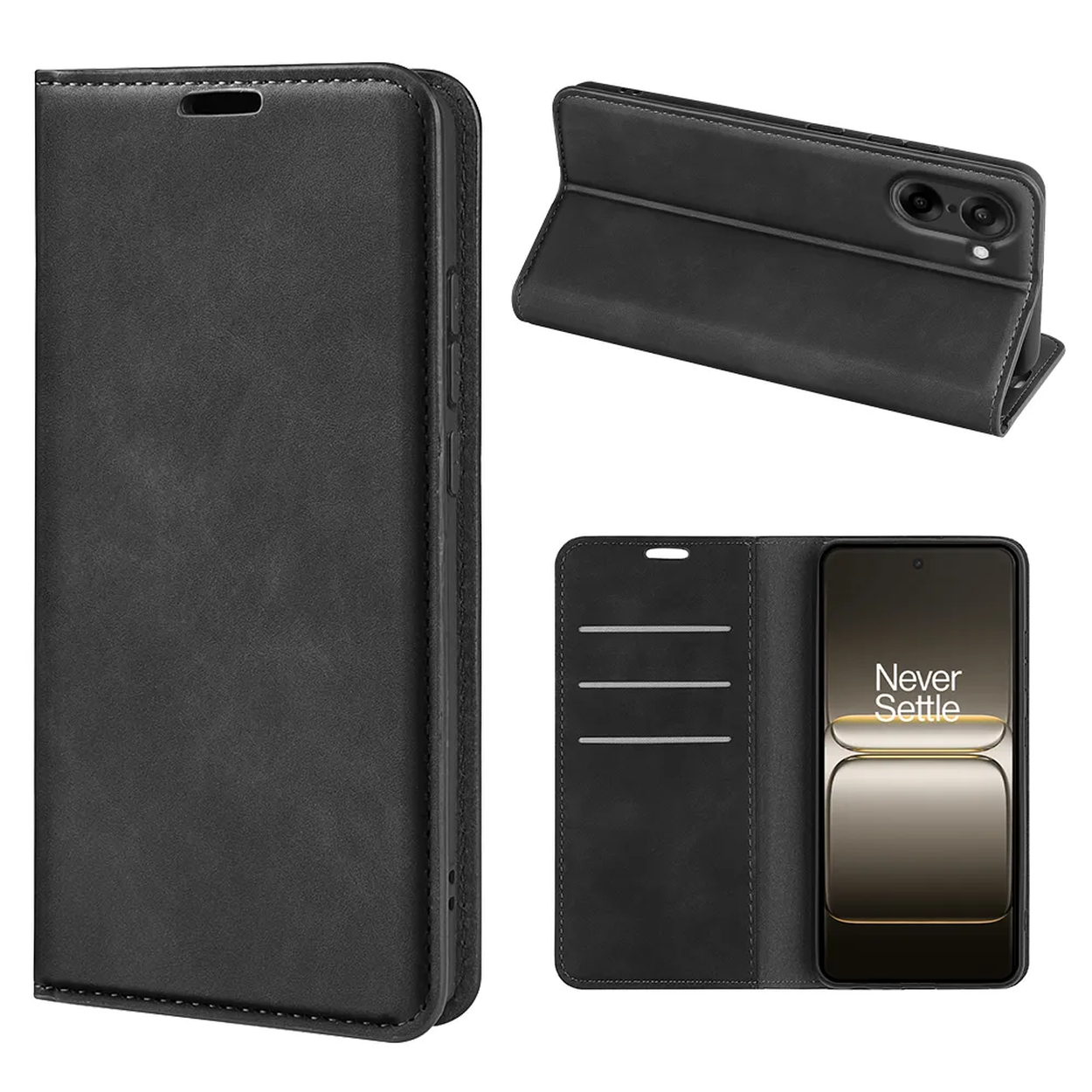 Étui de téléphone noir avec trois vues : fermé, ouvert avec téléphone et téléphone dans l'étui. L'écran du téléphone affiche 'Never Settle'.