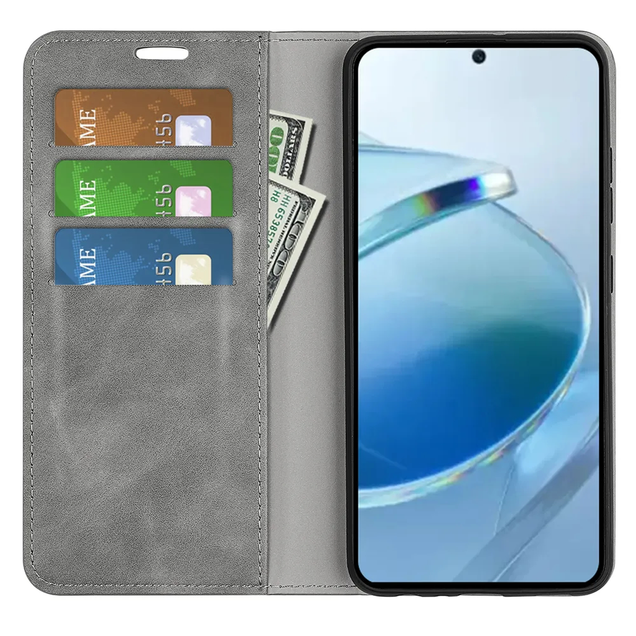 Een grijze telefoonhoes open met drie kaarten en twee dollarbiljetten links, en een smartphone met een blauw scherm rechts.