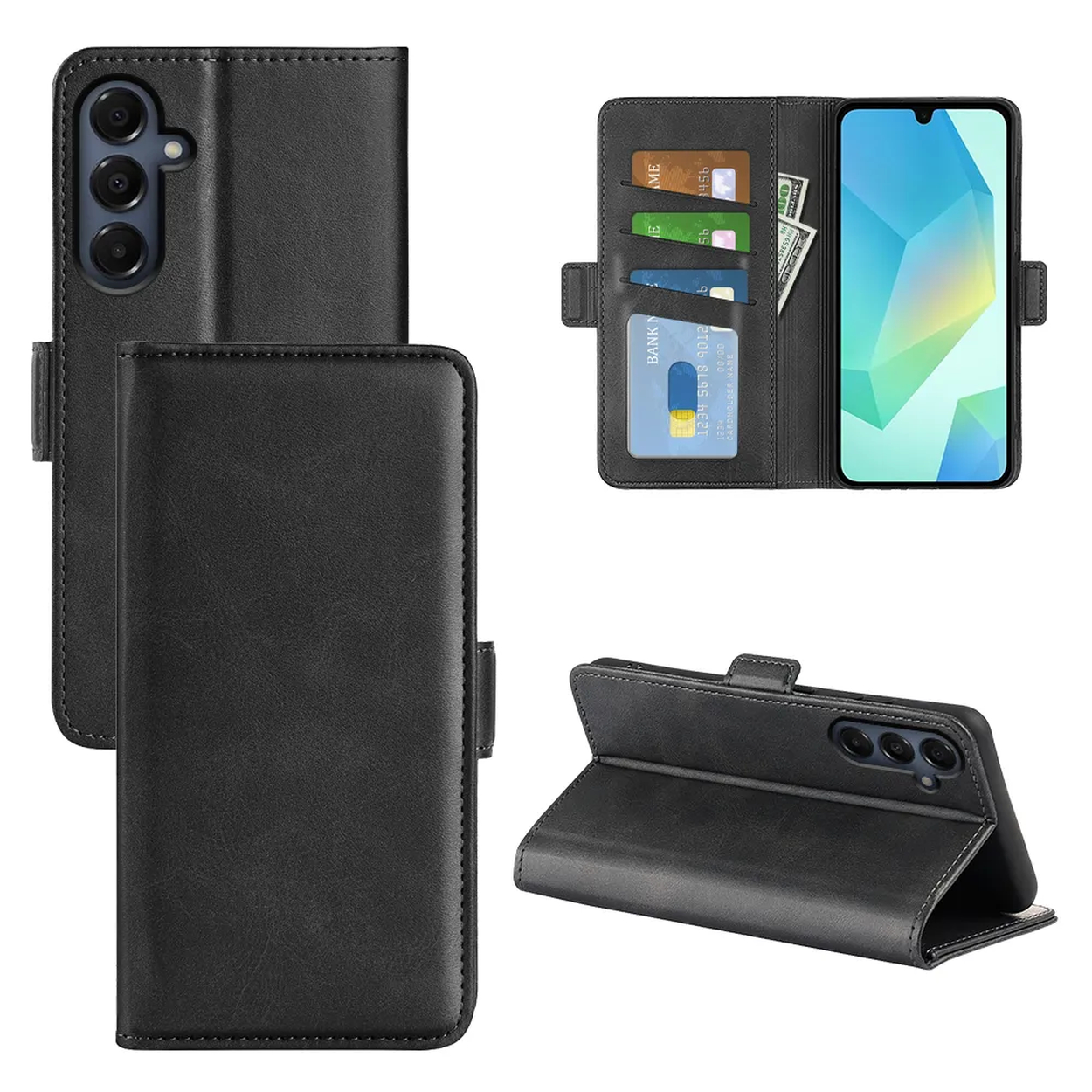 Zwarte leren telefoonhoes met portemonnee functies. Het heeft kaartsleuven, een geldvak en een standfunctie. Er zit een telefoon in.