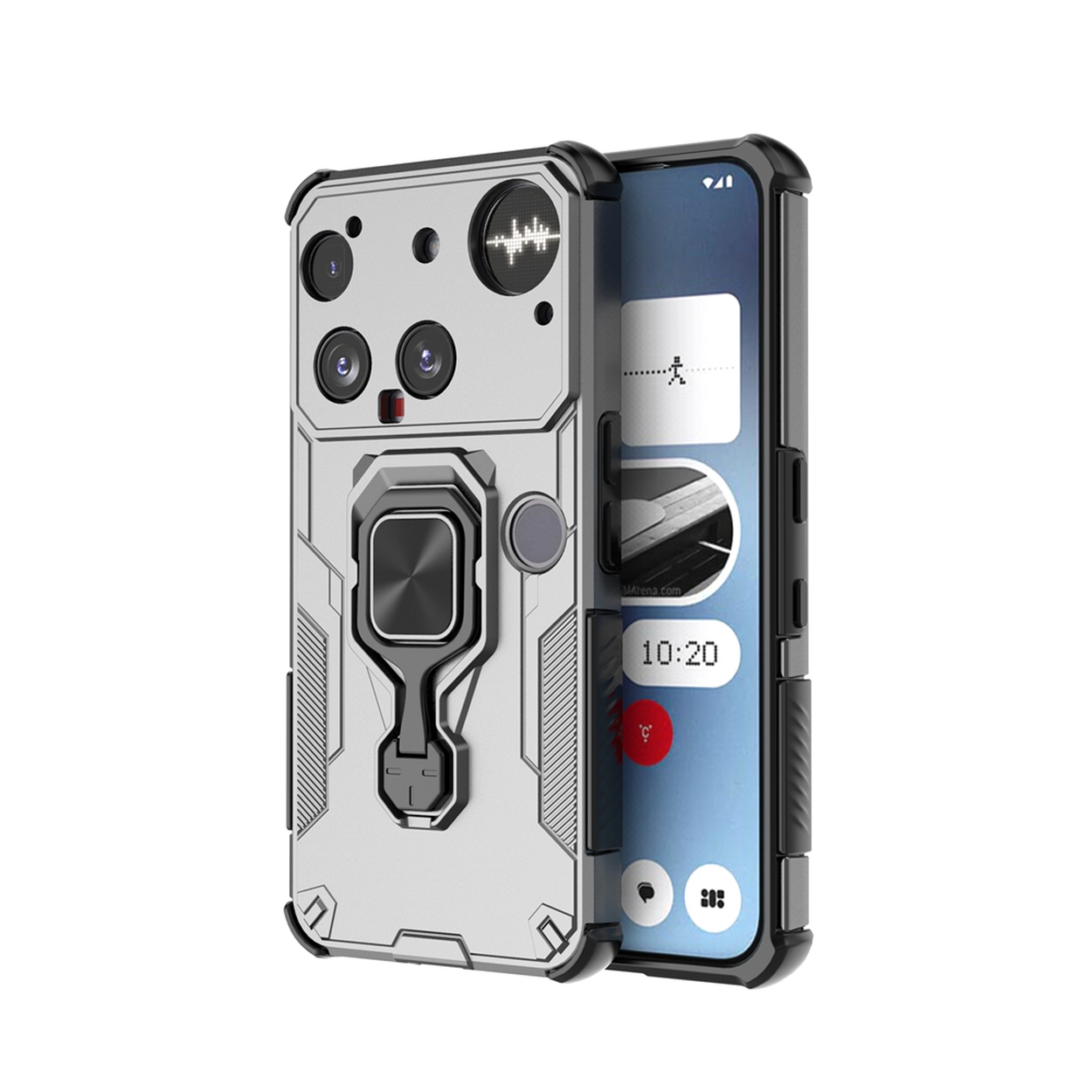 Un smartphone dans un étui de protection. L'étui est argenté et noir avec un support de bague. L'écran affiche l'heure et des icônes d'applications.