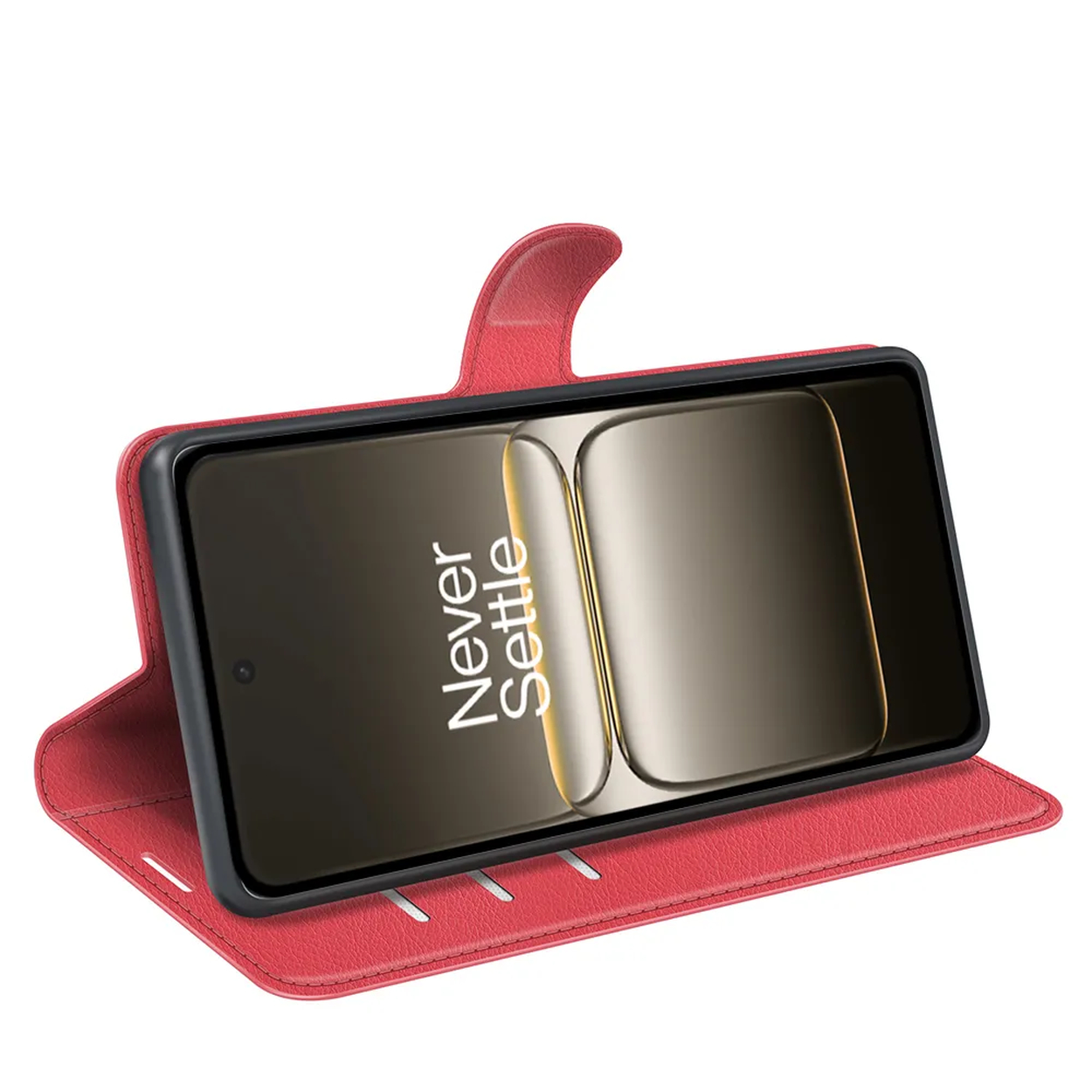 Een telefoon in een rode hoes met de tekst 'Never Settle' op het scherm. De hoes is open, de telefoon is zichtbaar.
