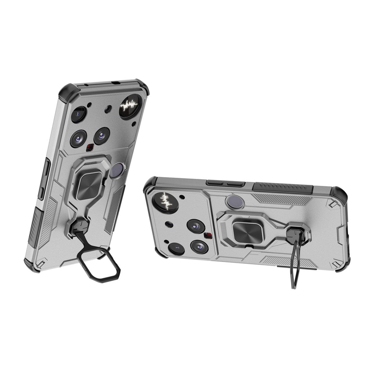 Deux coques de téléphone argentées avec des accents noirs. Chacune a un support de bague et plusieurs ouvertures pour appareil photo, sur fond blanc.