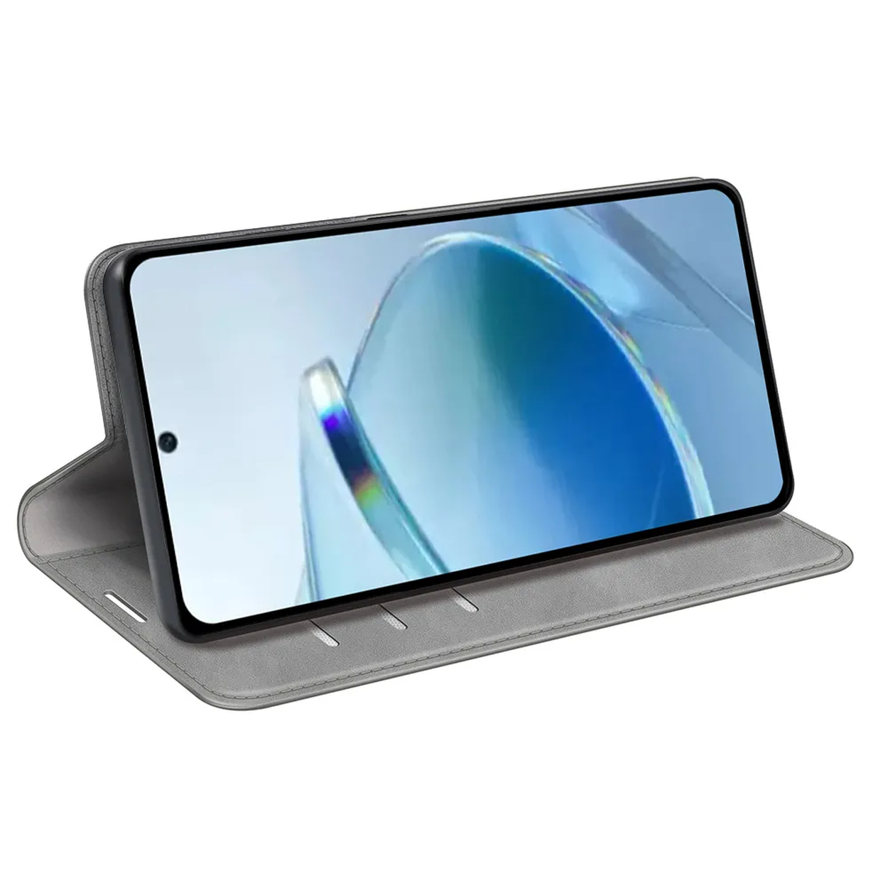Een smartphone in een grijze folio-hoes. De telefoon toont een kleurrijke abstracte afbeelding. De hoes is open en ondersteunt de telefoon.
