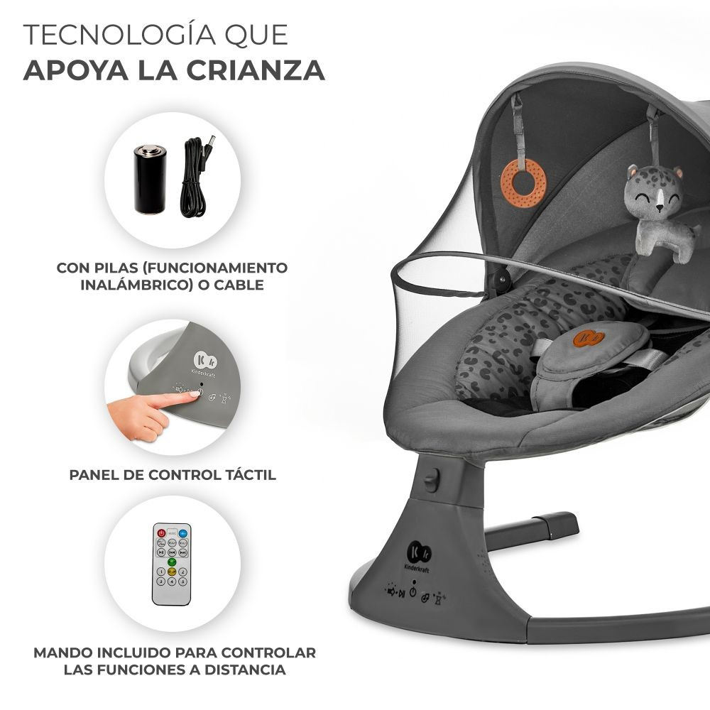 Eine Babywippe mit Fernbedienung, Batterie und Touchpanel. Text: 'TECNOLOGÍA QUE APOYA LA CRIANZA'. Enthält ein Spielzeug und ein Verdeck.