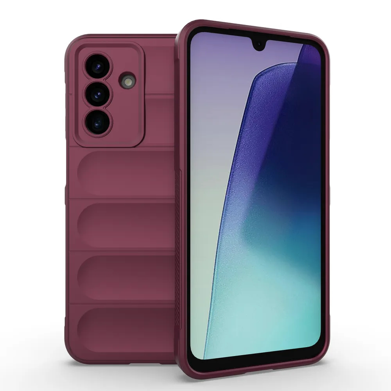 Een bordeauxrode telefoonhoes en een smartphone. Het scherm toont een verloop. De hoes heeft een uitsparing voor de camera.