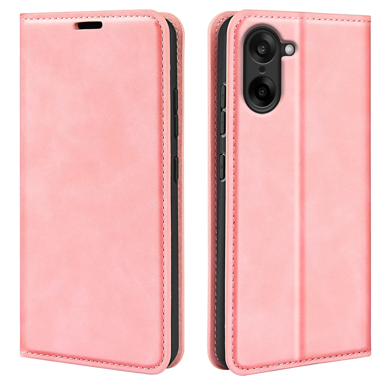 Étui de téléphone rose, ouvert et fermé, avec découpes pour appareil photo et boutons sur le côté. Bords cousus et surface texturée visibles.