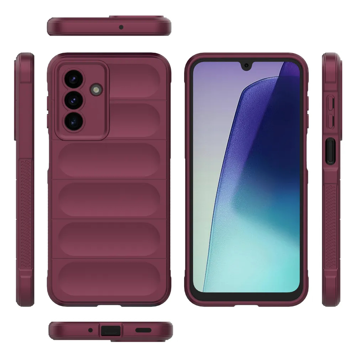 Bordeaux telefoonhoesje met een scherm met een blauw en wit ontwerp. Zijaanzichten tonen knoppen en poorten.