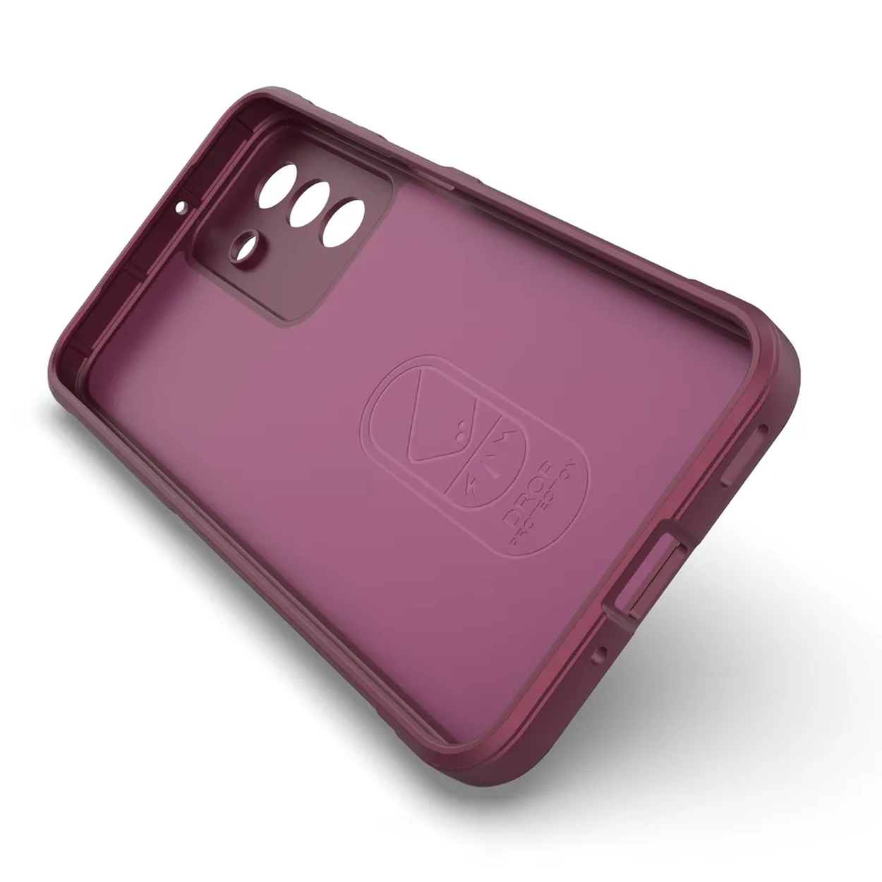 Een bordeauxrode telefoonhoes, schuin op een wit oppervlak. Het heeft openingen voor de camera en knoppen, en een logo met 'DROP PROTECTION'.