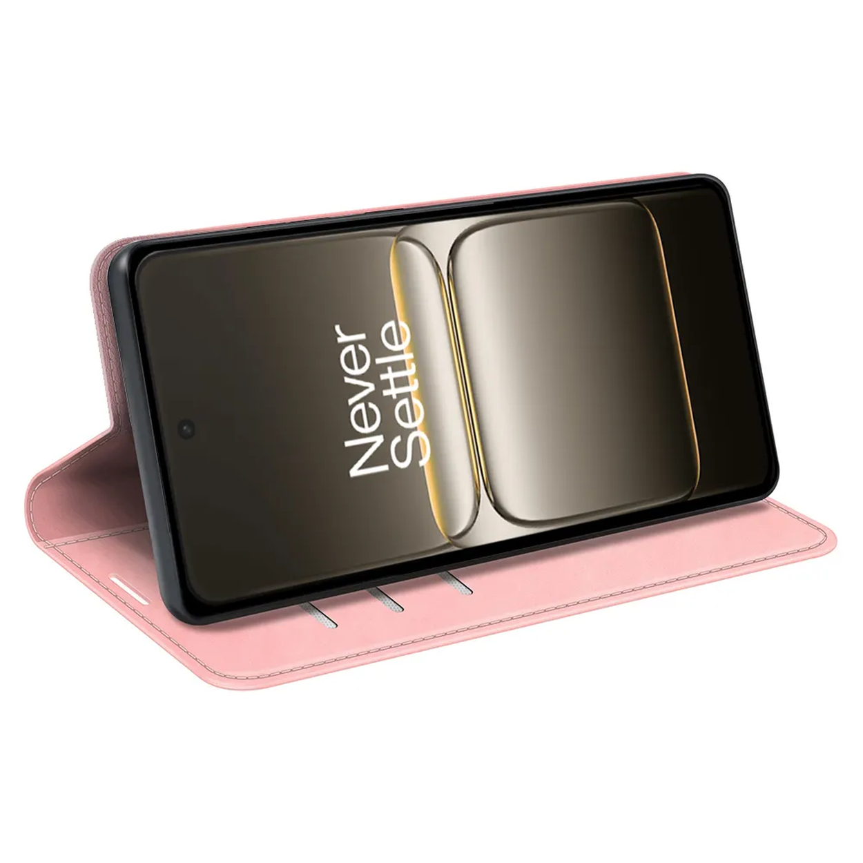 Un smartphone dans un étui rose. L'écran affiche les mots 'Never Settle'. L'étui est ouvert et soutenu.
