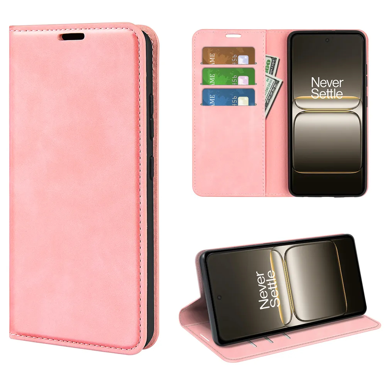 Un étui de téléphone rose avec un téléphone et des cartes à l'intérieur. Le téléphone affiche "Never Settle". L'étui est ouvert dans une image.