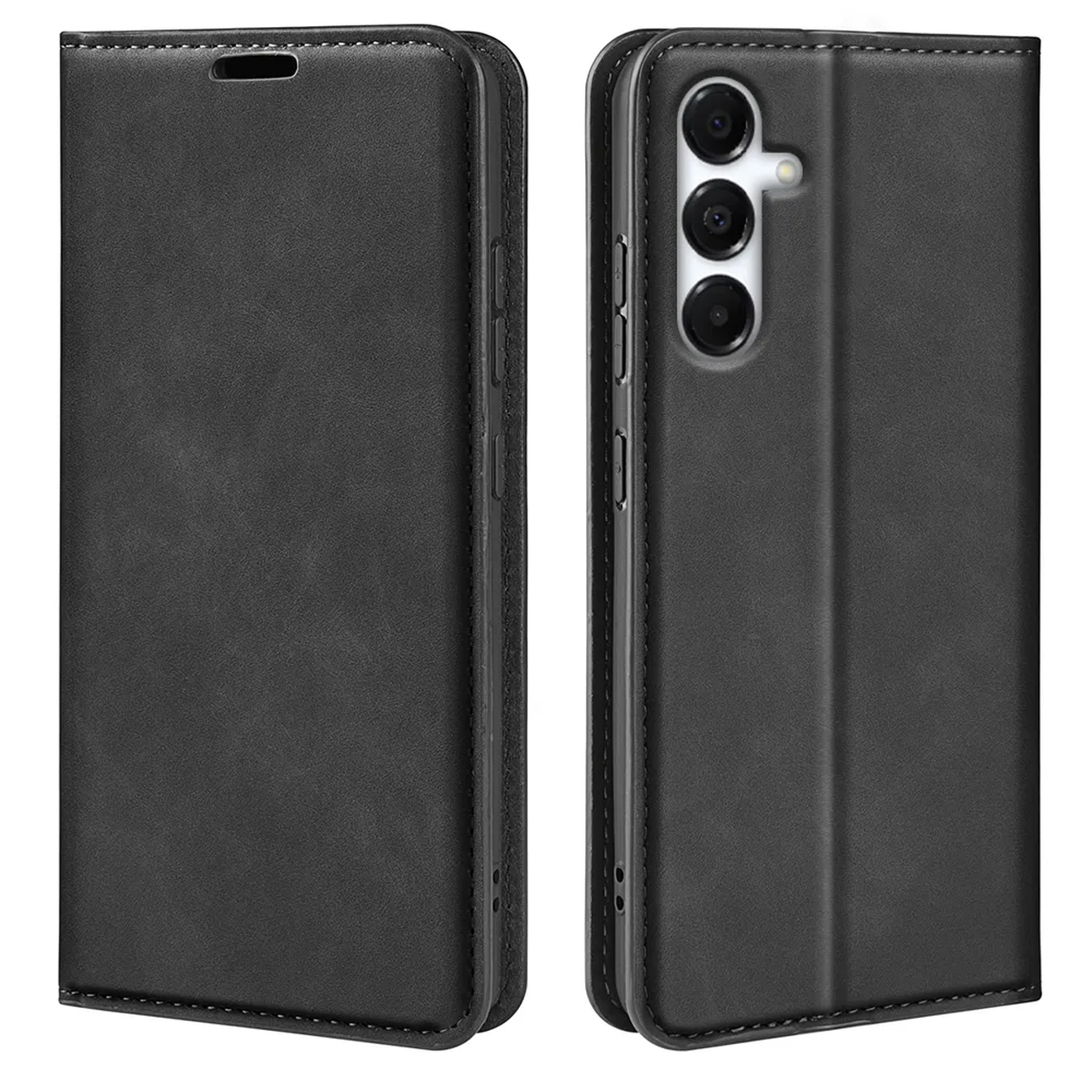 Zwarte leren telefoonhoes, opengeklapt om de telefoon te laten zien. De hoes heeft een magnetische sluiting en uitsparingen voor camera en knoppen.