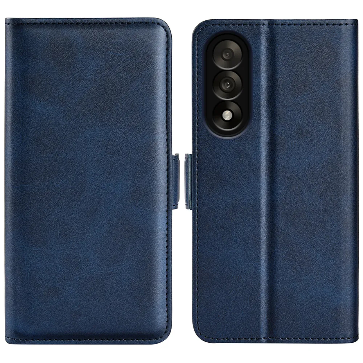 Un étui de téléphone bleu marine, ouvert. Le côté gauche est le couvercle, le côté droit a un réseau de caméras. Un fermoir fixe l'étui.