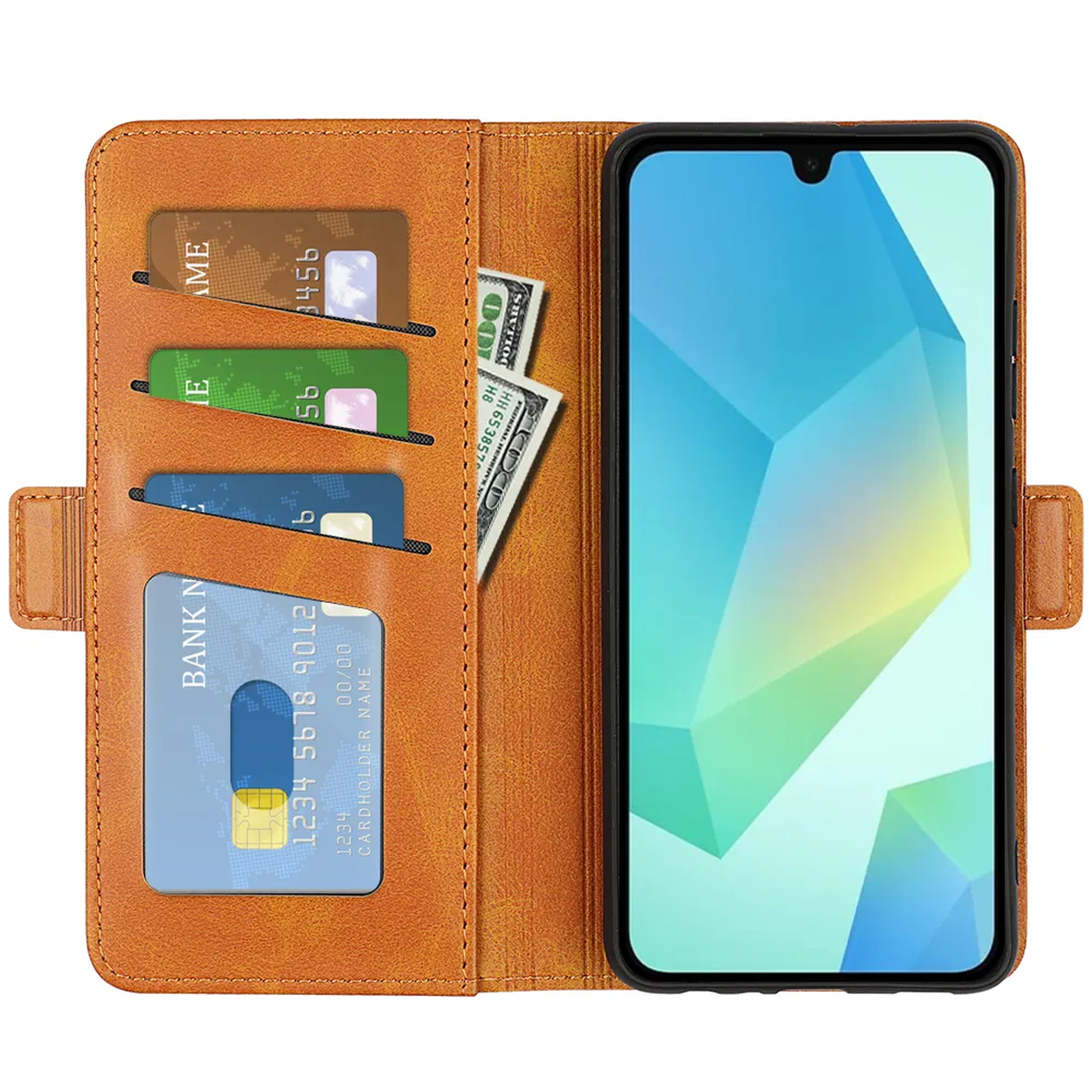 Een bruine telefoonhoes met een telefoon, creditcards en een dollarbiljet. Het scherm van de telefoon toont een geometrisch patroon.