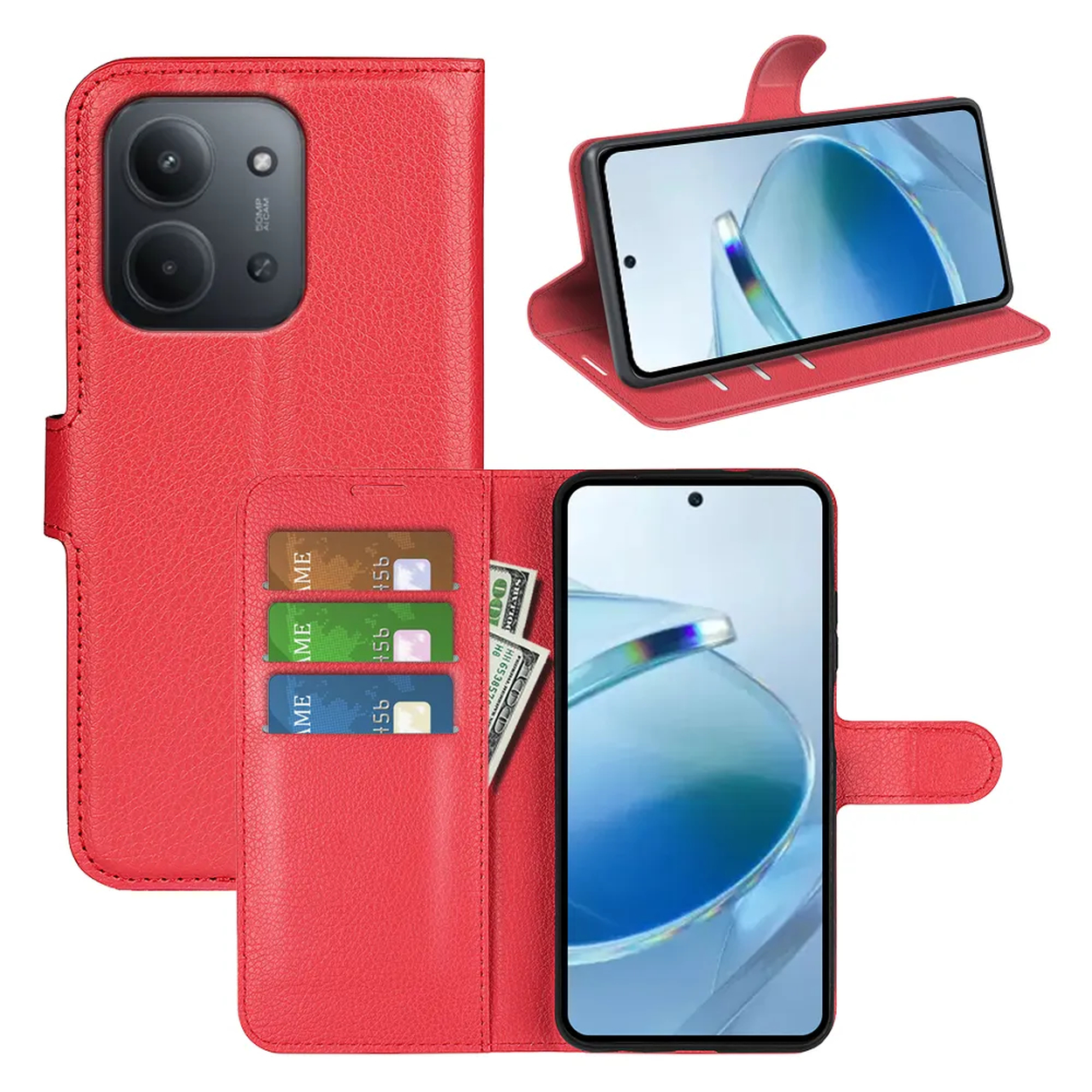 Étui de téléphone rouge avec trois téléphones, cartes de crédit et espèces. Un téléphone est ouvert. Deux téléphones sont à l'intérieur.