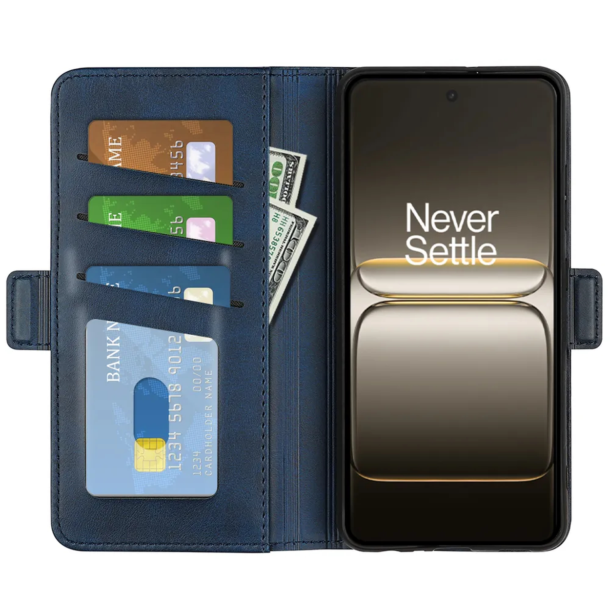 Étui de téléphone bleu avec cartes et argent liquide. Le téléphone affiche 'Never Settle'. Cartes : marron, vert et bleu. Argent : deux billets de 100 $.