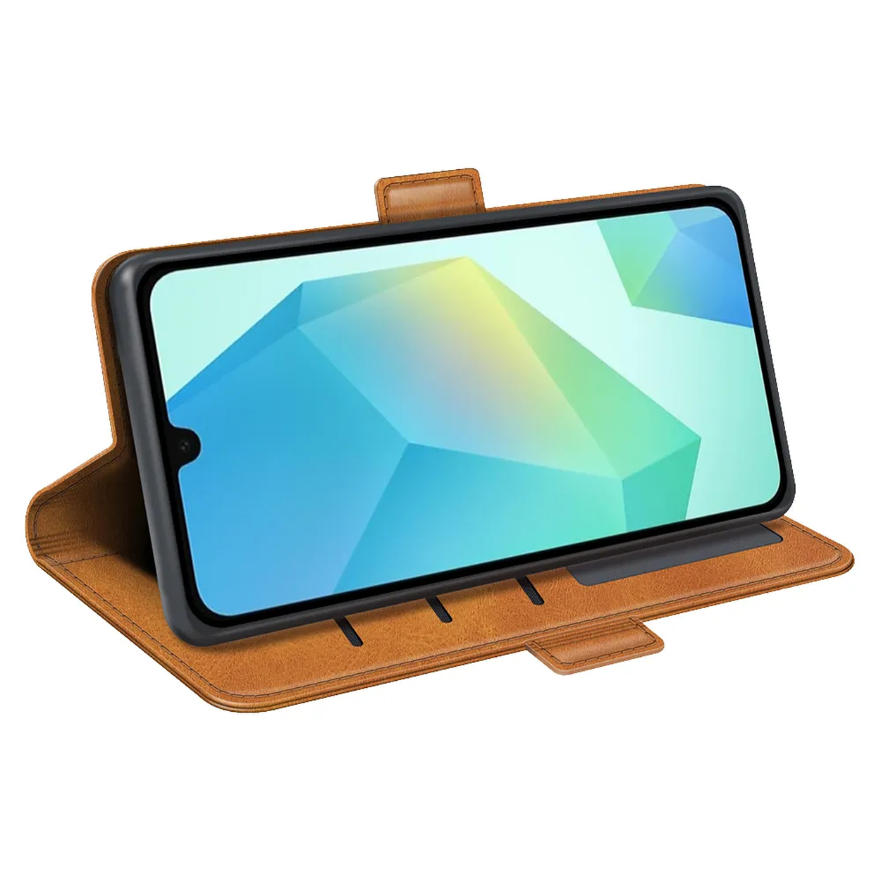 Een smartphone in een bruine leren hoes is open. Het scherm toont een blauw en groen geometrisch ontwerp. De hoes staat op een witte achtergrond.
