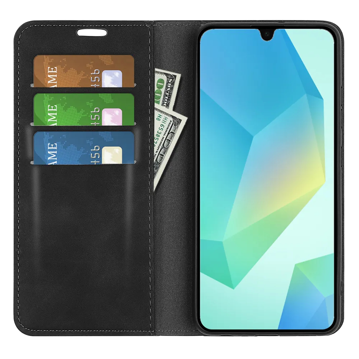 Zwarte telefoonhoes met smartphone. Drie creditcards en een honderd dollar biljet in de kaartsleuven.