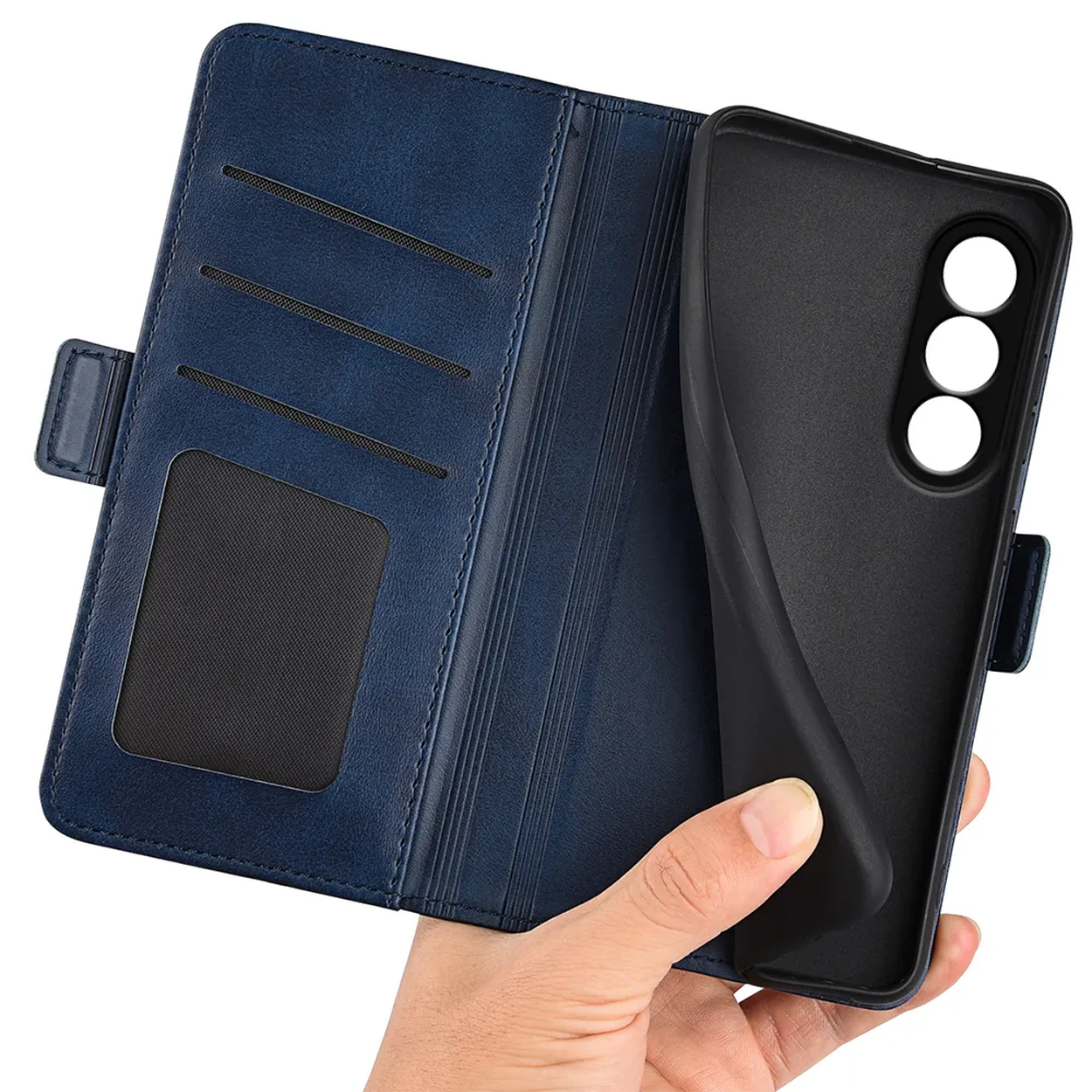 Une main tient un étui de téléphone noir, à côté d'un portefeuille bleu ouvert avec des fentes pour cartes et une fente d'identification claire.