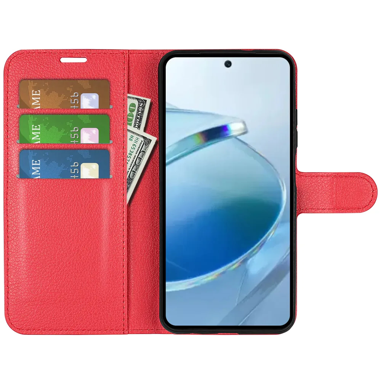 Étui de téléphone rouge avec un téléphone à l'intérieur. Il a des emplacements pour cartes et un endroit pour l'argent. L'écran affiche une image bleue et blanche.