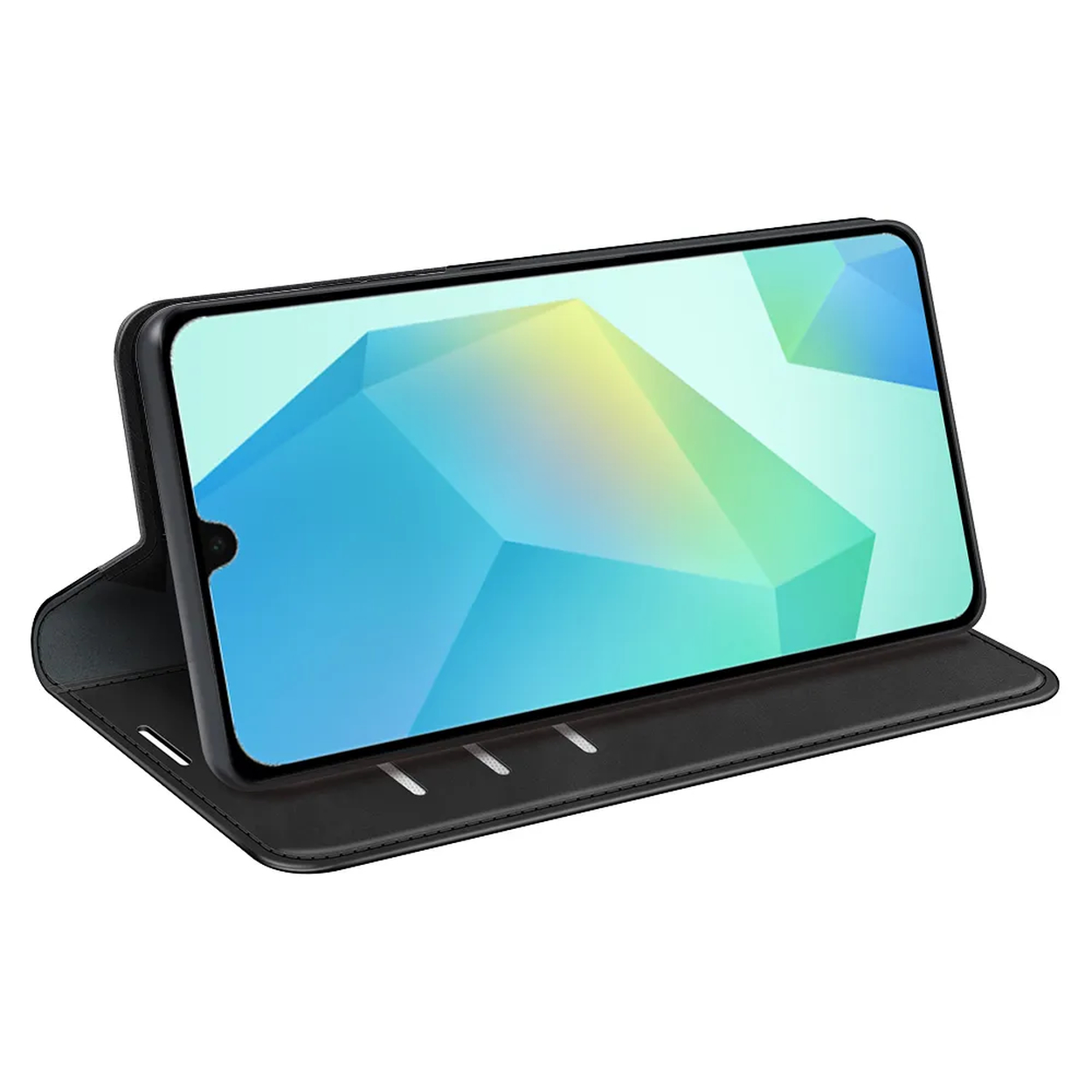Een smartphone met een kleurrijk geometrisch scherm rust in een open zwarte hoes op een witte achtergrond.