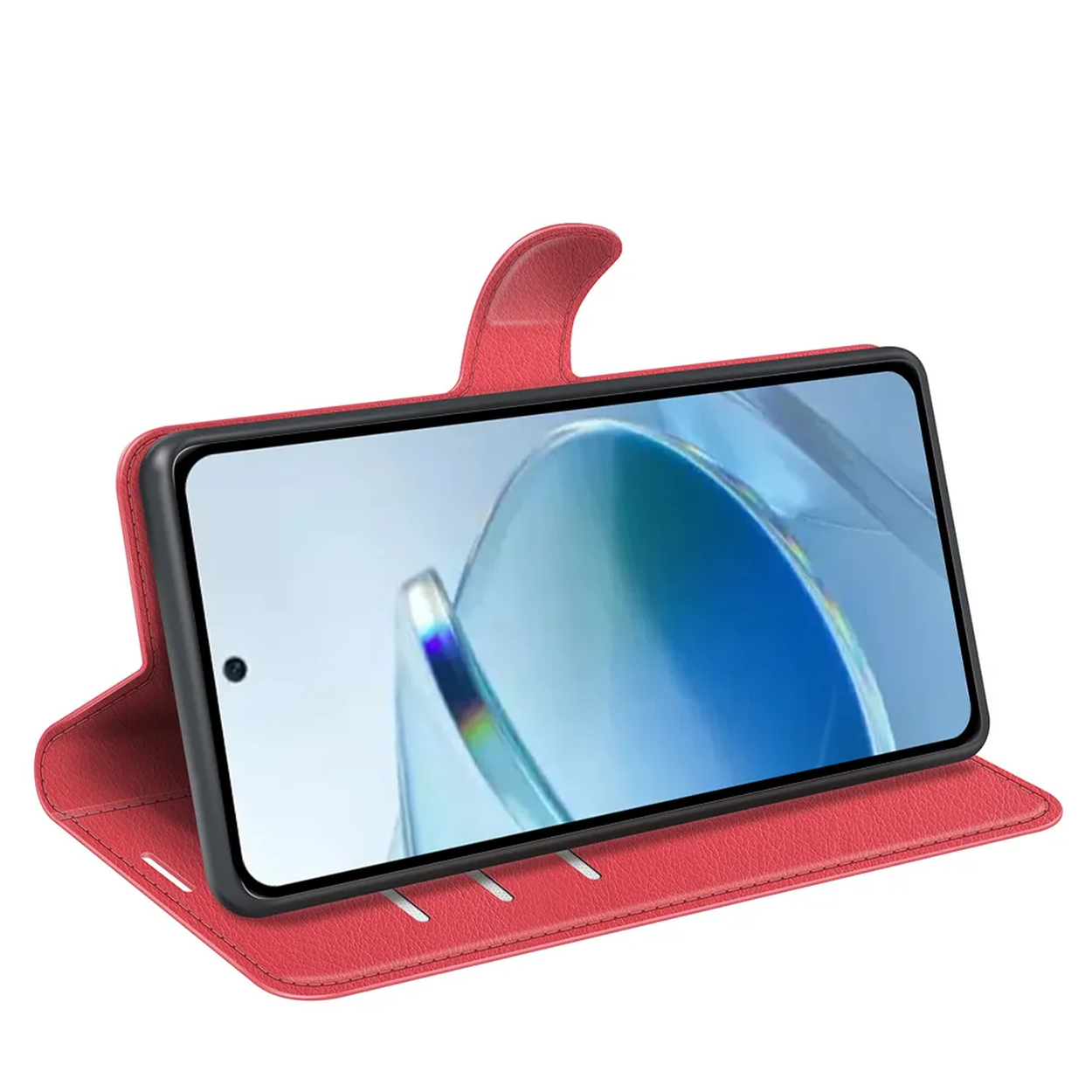 Un étui de téléphone rouge, ouvert pour afficher un smartphone. Le téléphone affiche une image abstraite bleue et blanche. L'étui est sur fond blanc.