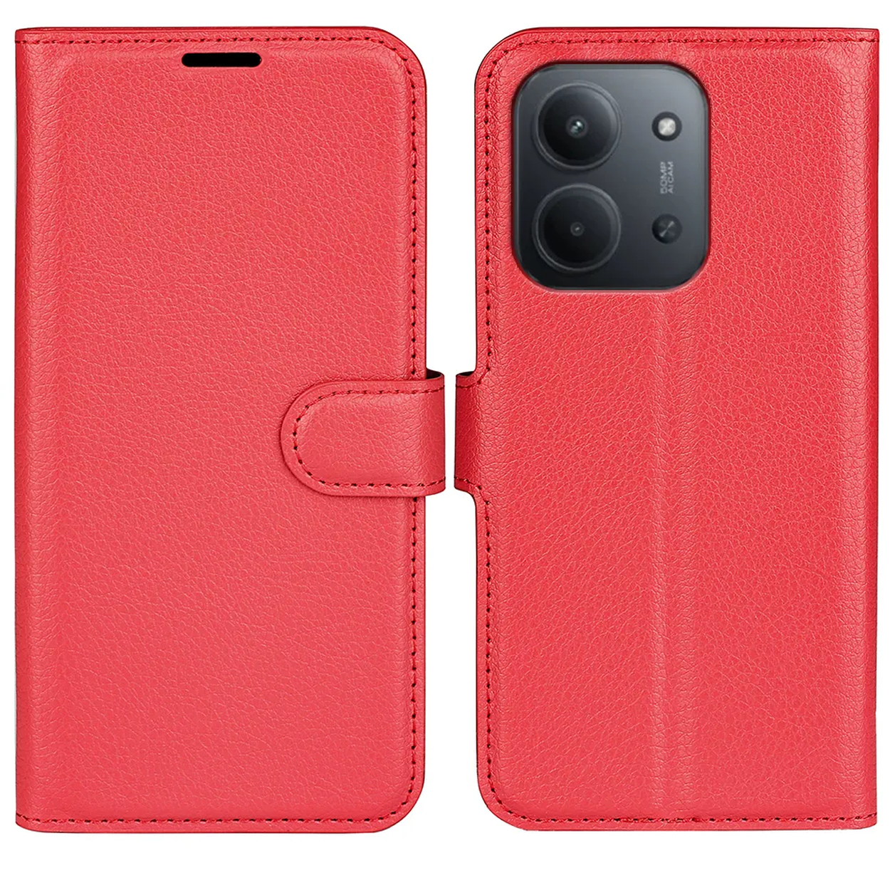 Étui de téléphone en cuir rouge, ouvert pour révéler un téléphone. L'étui a une fermeture magnétique et des coutures.