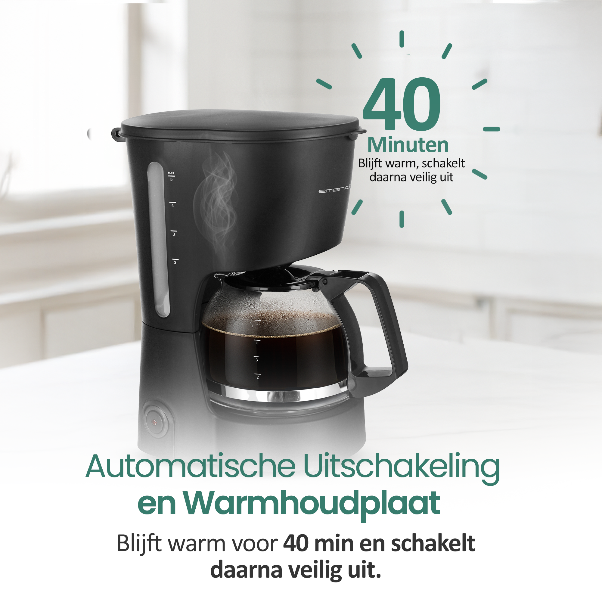 A black coffee maker with a glass carafe. The text says '40 minutes' and 'automatic shut-off'.