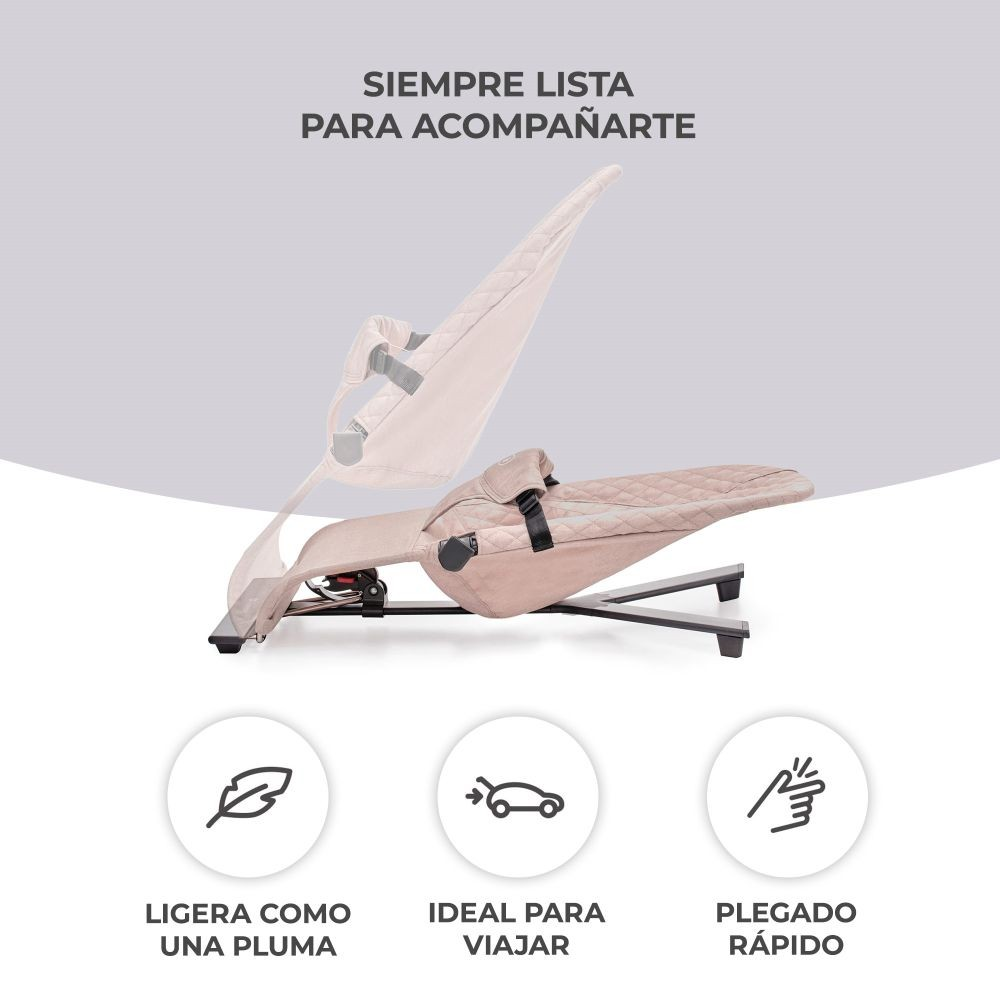 Un balancín para bebés con texto en español: Siempre listo para acompañarte. Características: ligero, ideal para viajar y plegado rápido.