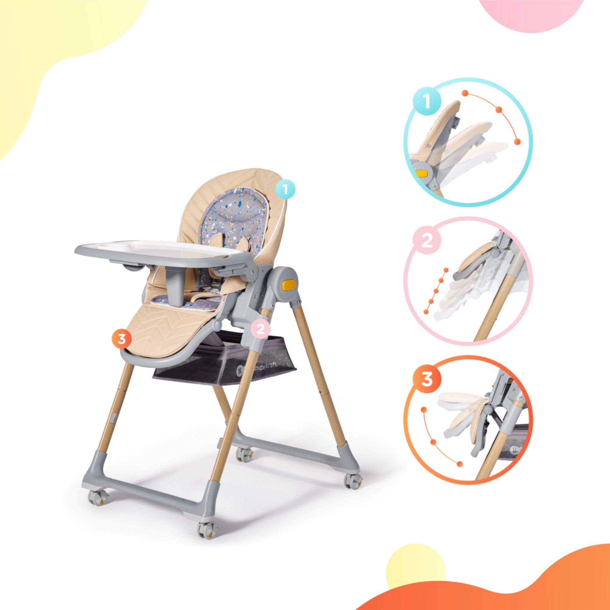 Ein beige-grauer Hochstuhl mit Tablett und Fußstütze, mit nummerierten Diagrammen, die die Verstellbarkeit von Teilen anzeigen.