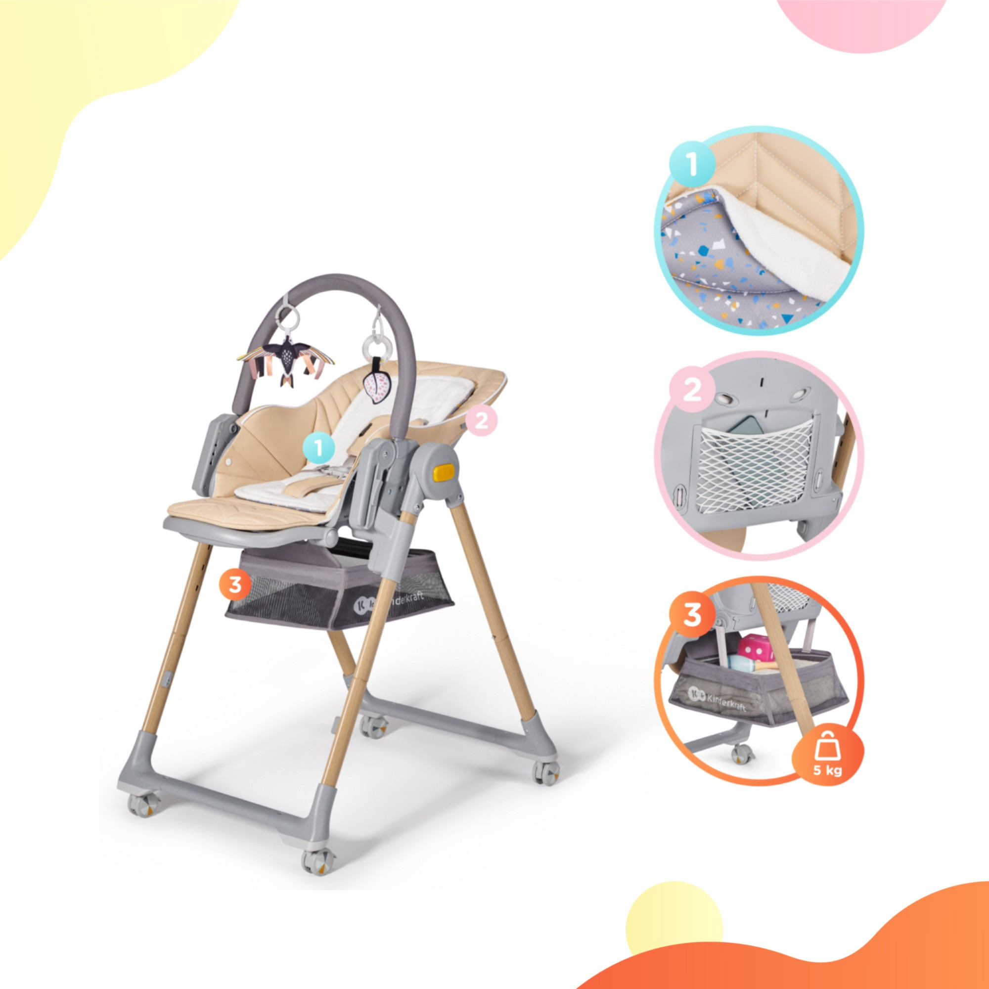 Ein beigefarbener Babyhochstuhl mit Spielbügel. Er hat ein Tablett, einen Aufbewahrungskorb und ist auf Rädern. Detaillierte Nahaufnahmen sind ebenfalls vorhanden.
