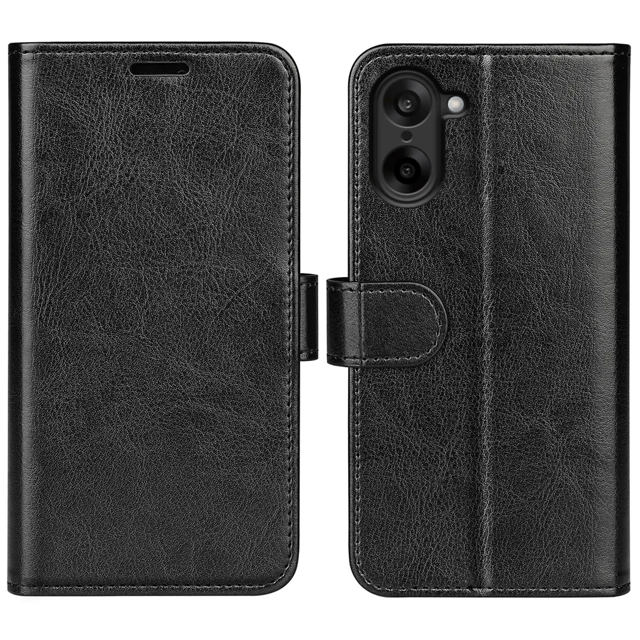 Zwarte leren telefoonhoes, open. Beschikt over een camera-uitsparing, sluiting en een gestructureerd oppervlak. Op witte achtergrond.