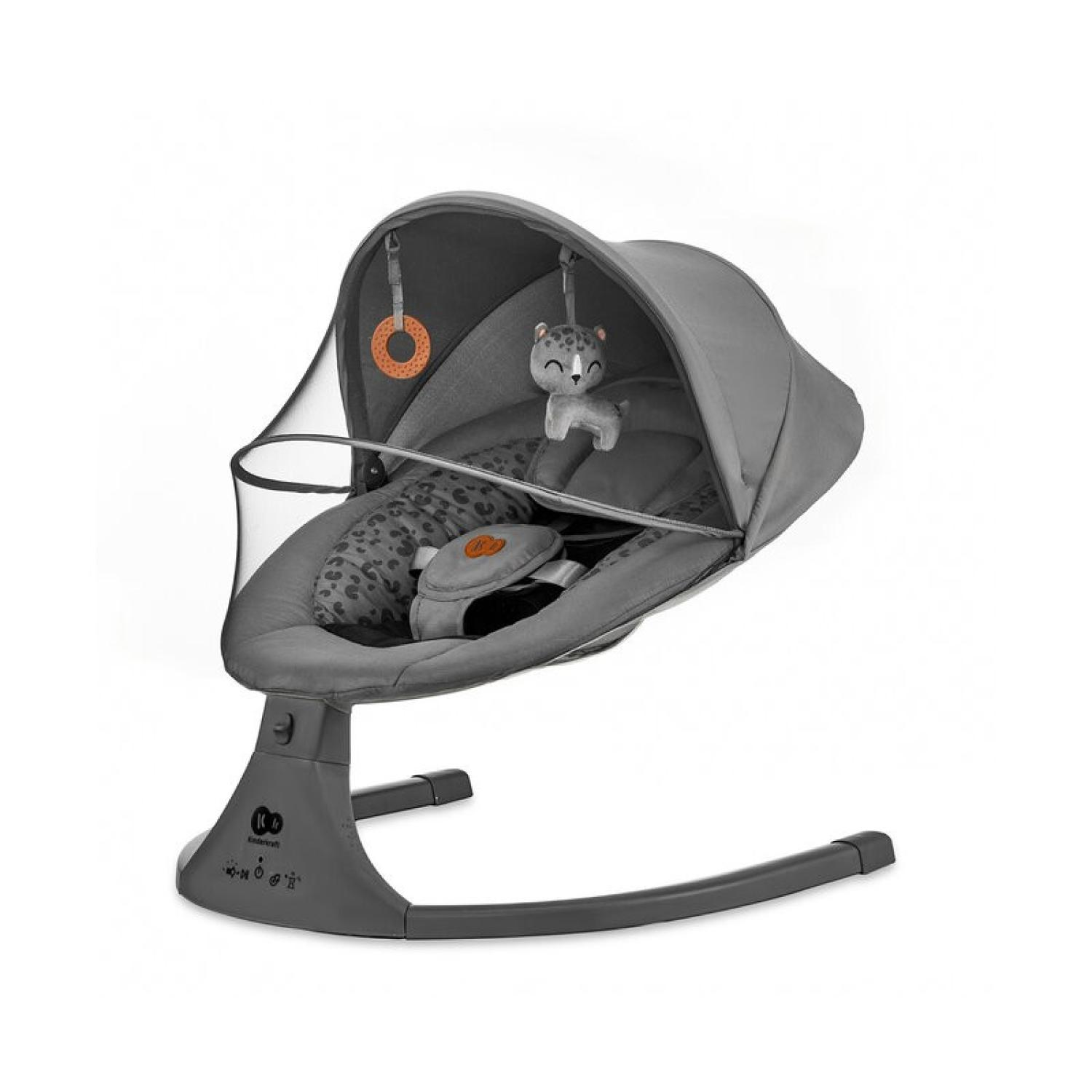 Eine graue Babywippe mit Verdeck. Sie hat ein Spielzeugleopard und einen hängenden Ring. Der Sitz hat ein Leopardenmuster.