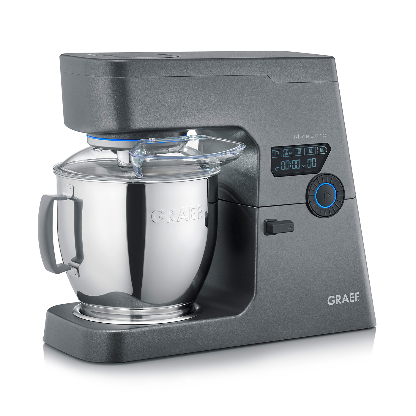 Ein grauer Graef-Küchenmixer mit Edelstahlschüssel und transparentem Deckel, Digitalanzeige und Drehknopf.
