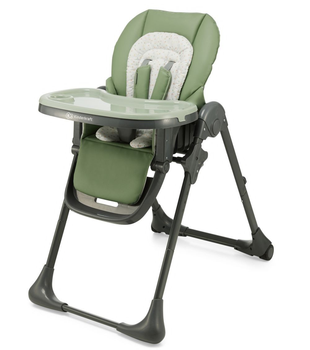 Grüner und grauer Babyhochstuhl. Er hat ein Tablett, ein Sitzkissen und Sicherheitsgurte. Die Beine sind dunkelgrau.