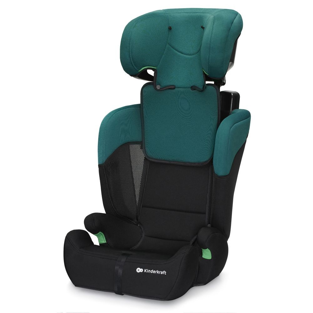Ein teal-schwarzer Kinderkraft-Autositz. Er hat eine Kopfstütze, Rückenlehne und Sitzfläche. Der Sitz befindet sich auf weißem Hintergrund.