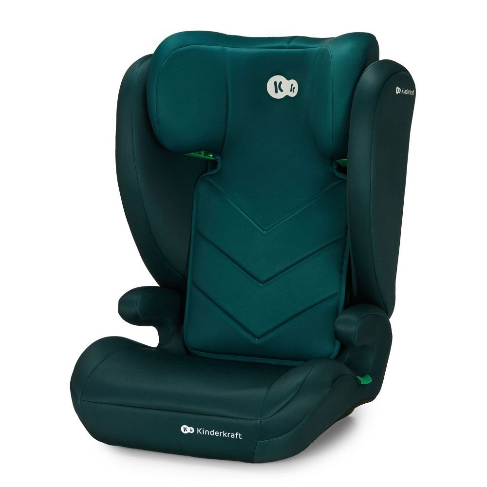 Gezeigt wird ein teal Kinderkraft Autositz. Er befindet sich auf weißem Hintergrund. Der Sitz hat eine Kopfstütze, Rückenlehne und Sitz.