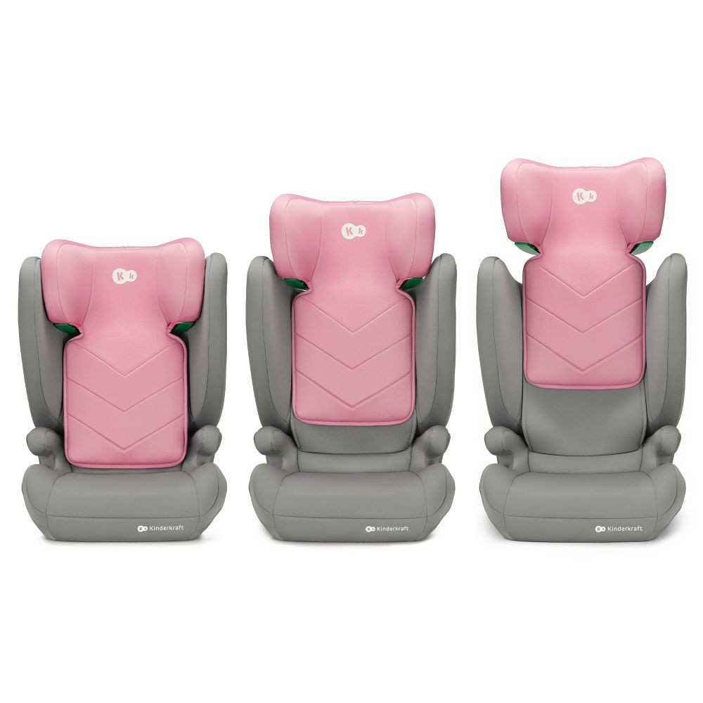 Drei Kindersitze, jeweils mit rosa Kopfstütze und Sitzfläche und grauem Unterteil. Der Hintergrund ist weiß.