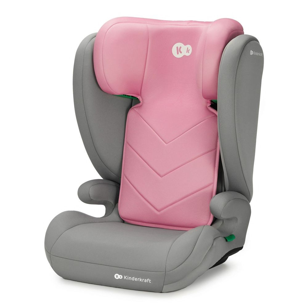 Ein rosa-grauer Kinderkraft-Autositz. Der Sitz hat eine rosa Kopf- und Rückenlehne mit Chevron-Muster und grauen Seiten.