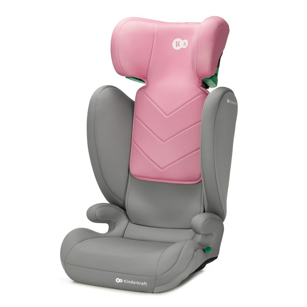 Ein grauer und rosa Kinderkraft-Kindersitz. Er hat eine rosa Kopf- und Rückenlehne. Der Sitz hat eine graue Basis.