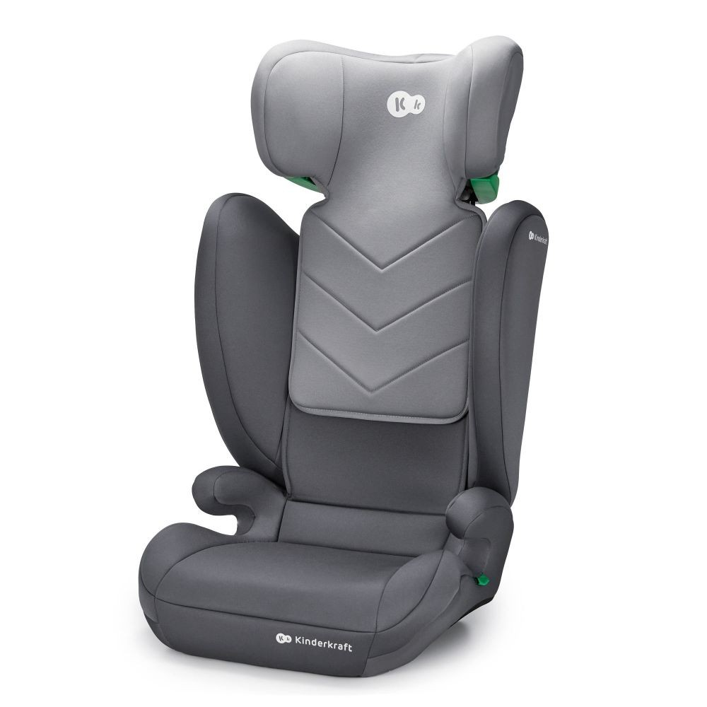 Grauer Kinderkraft-Autositz mit Kopfstütze und Seitenstützen. Er hat ein zweifarbiges Design und einen grünen Knopf.