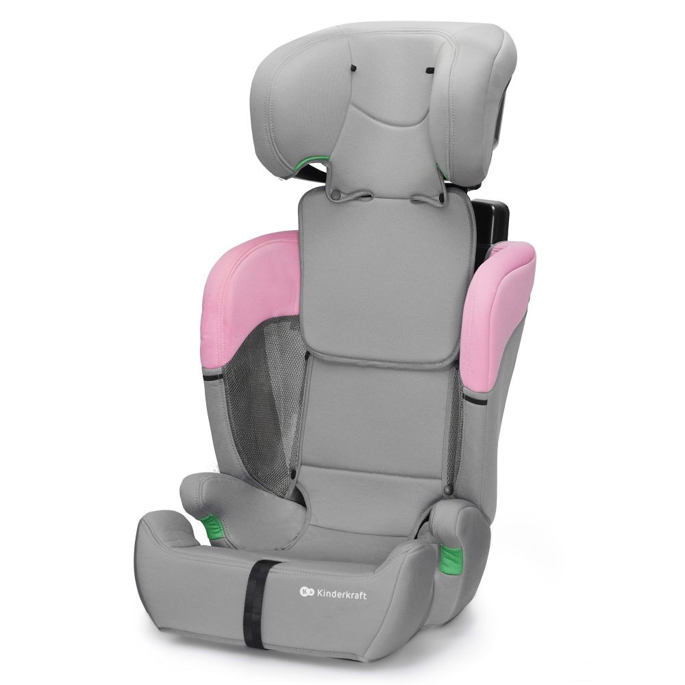 Ein Kinderautositz, überwiegend grau mit rosa Akzenten an den Seiten und einer Kopfstütze. Markenlogo 'Kinderkraft' sichtbar.