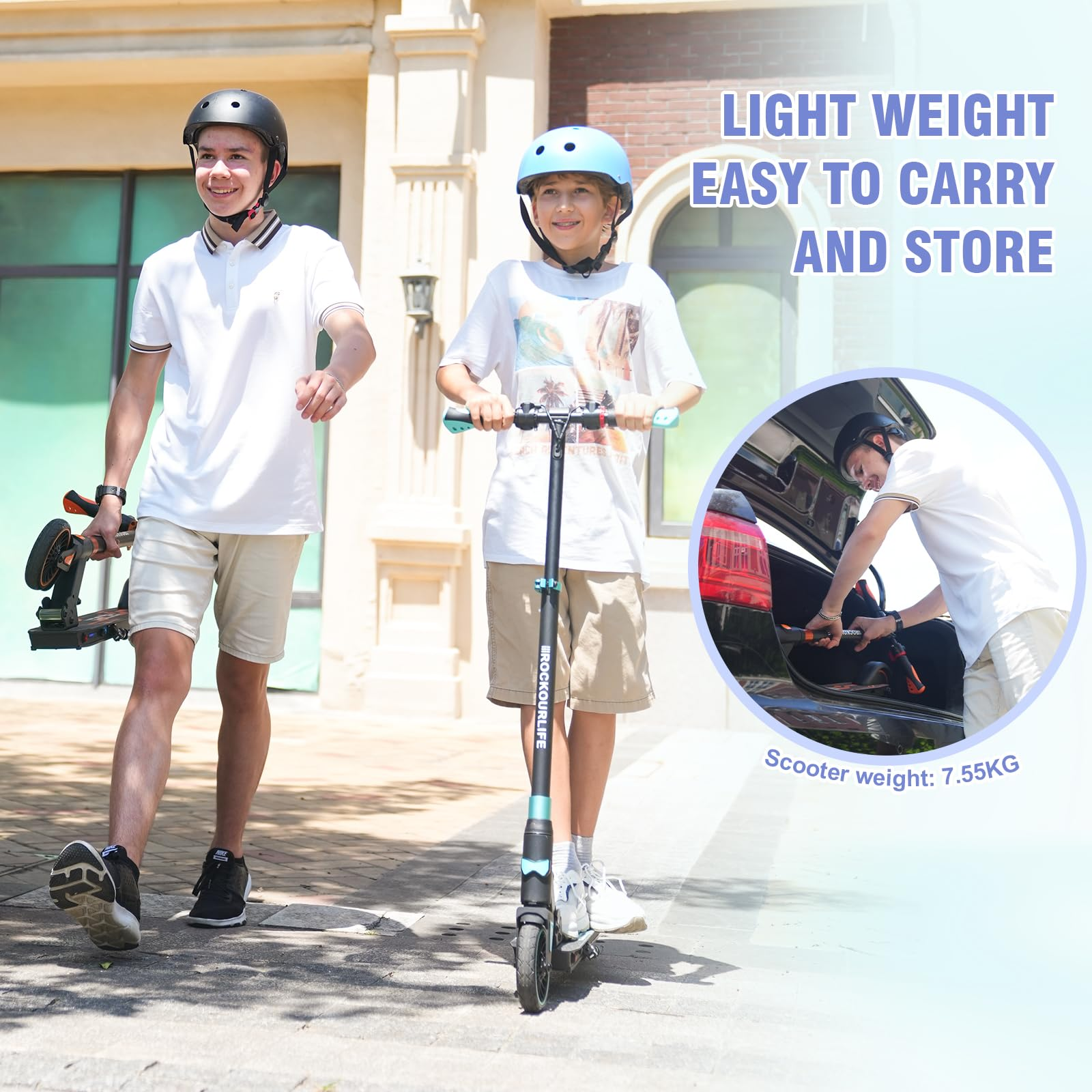 Twee jongens met helmen en scooters. Eén draagt een scooter, de ander rijdt. Tekst: Lichtgewicht, gemakkelijk mee te nemen.