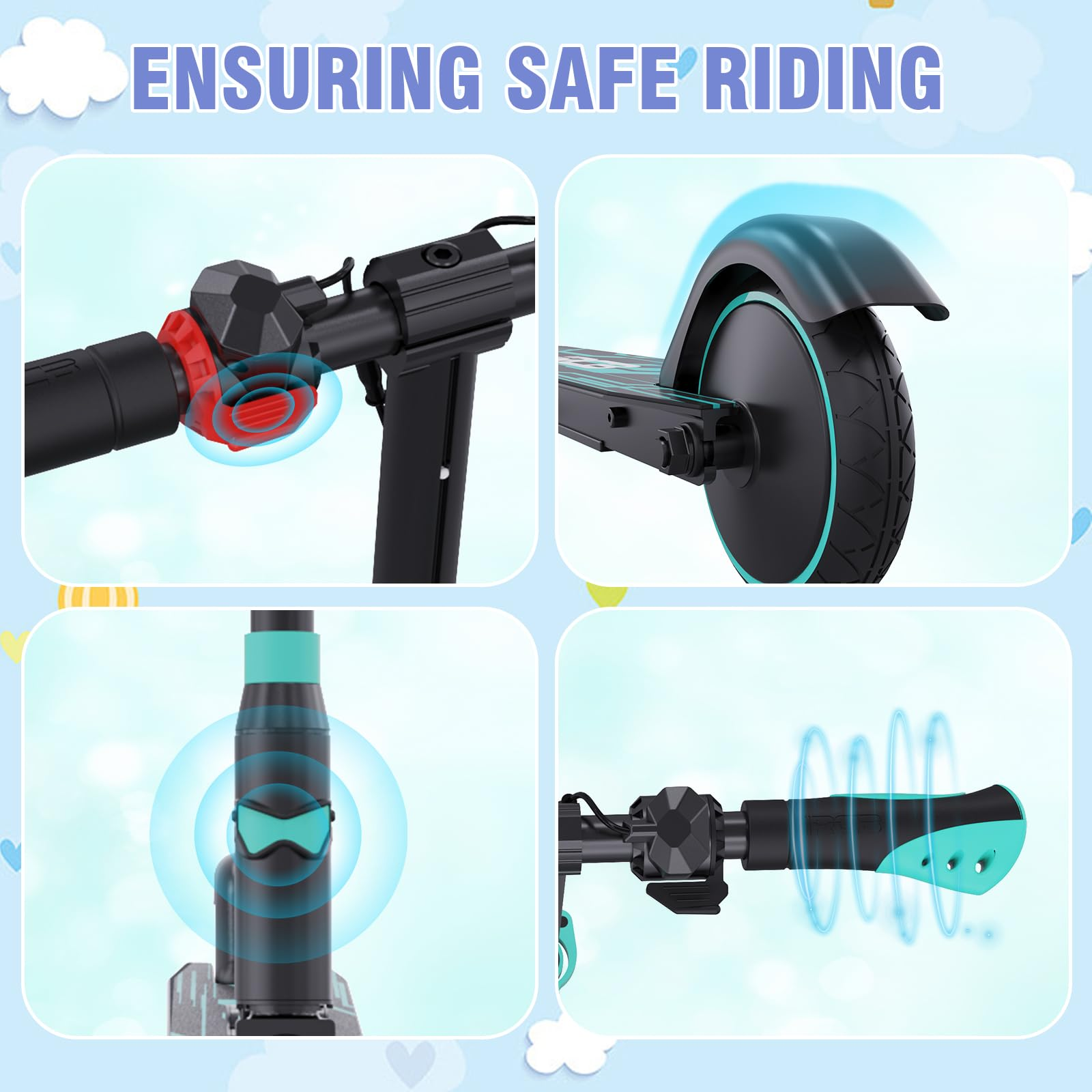 Afbeelding toont close-ups van een elektrische scooter. Het benadrukt de rem, het wiel, het stuur en de zin 'Ensuring Safe Riding'.